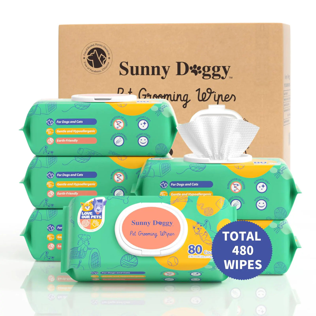 SUNNY DOGGY Pet Wipes 480 Count | Pack of 6
